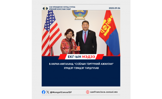 В.НАРАН-АМГАЛАНД “СОЁЛЫН ТЭРГҮҮНИЙ АЖИЛТАН”  ХҮНДЭТ ТЭМДЭГ ГАРДУУЛАВ